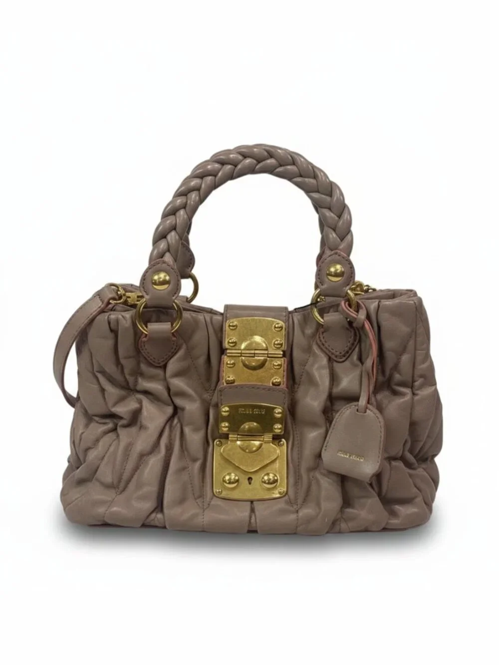 MIU MIU Matelasse Lux Satchel Cammeo Taupe Braided Handle Gold Turn Lock Lambski